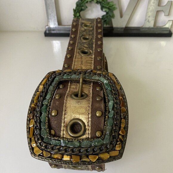 Handmade Brown Leather Statement Belt Semi Precious Stones Studs Up To Size 36 - Picture 12 of 16